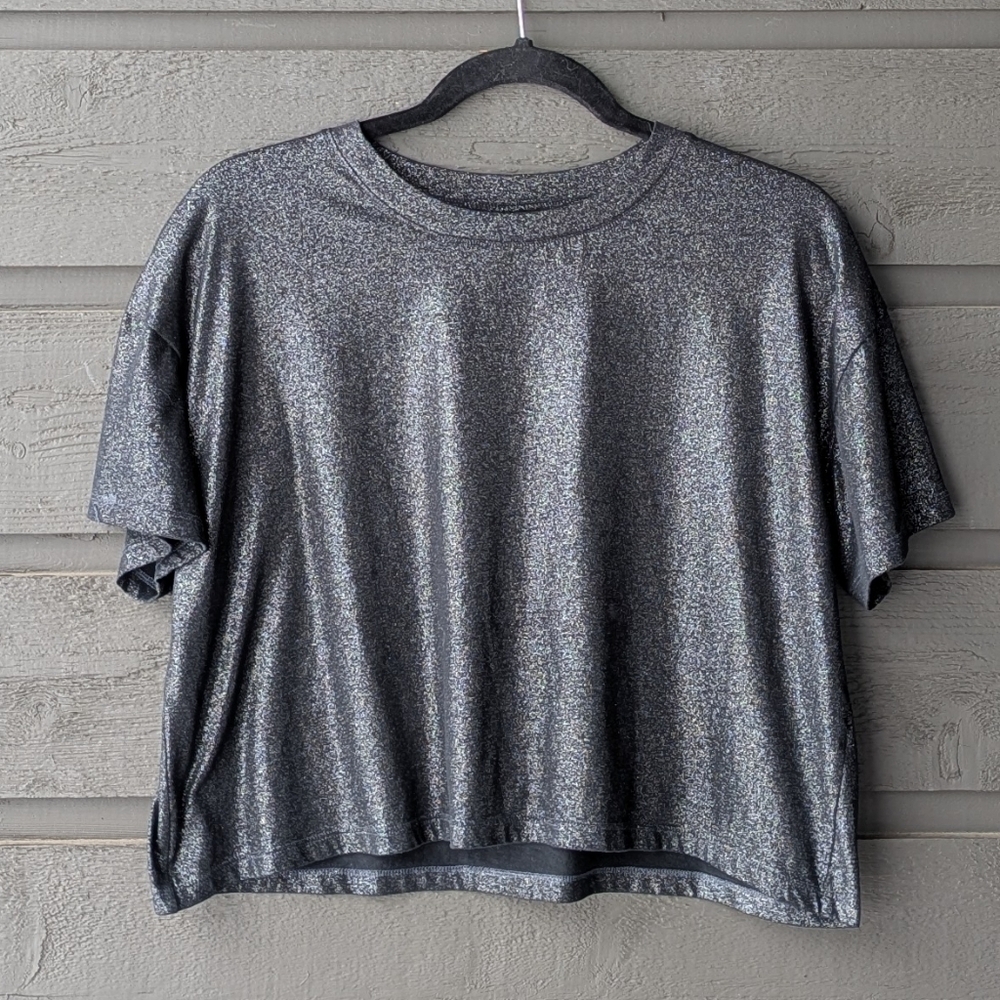 Victoria Sport Black Sparkle Short Sleeve Crop Top Tee Boxy Fit Size Medium